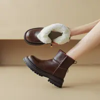 【FENGXUAN】跟高4.5cm2024流行小短靴复古圆头百搭软面牛皮短靴女