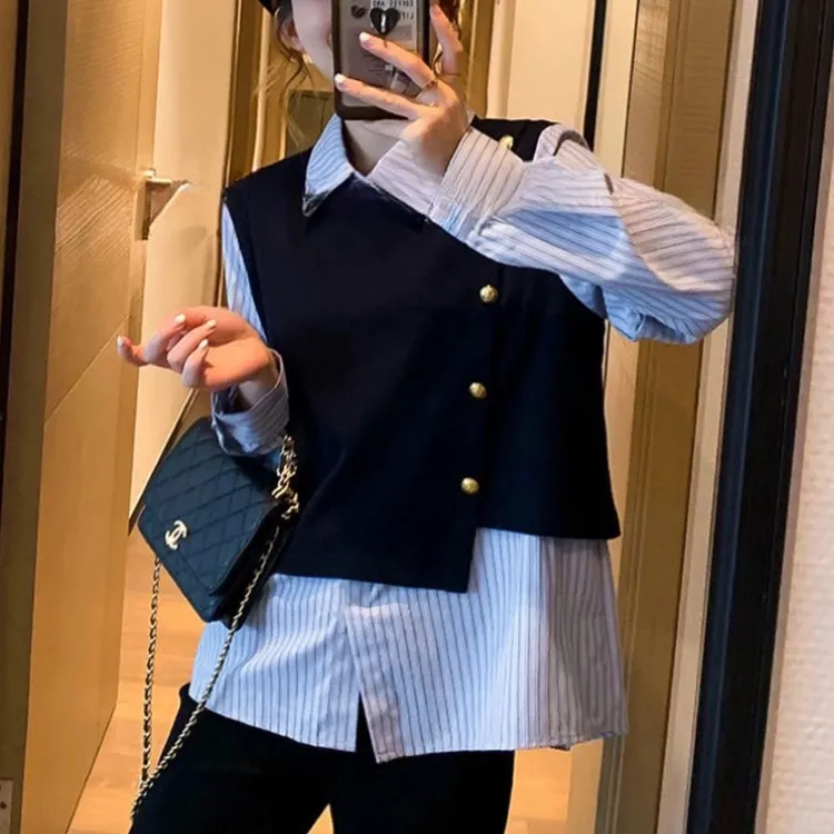 樊范儿2024秋季新款时尚显瘦假两件拼接条纹长袖衬衫女-6038