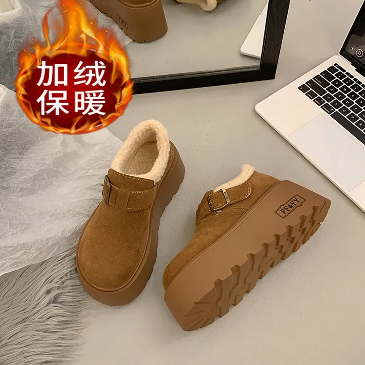 东北加绒松糕增高一脚蹬大头勃肯棉鞋女2025冬新款厚底保暖雪地靴