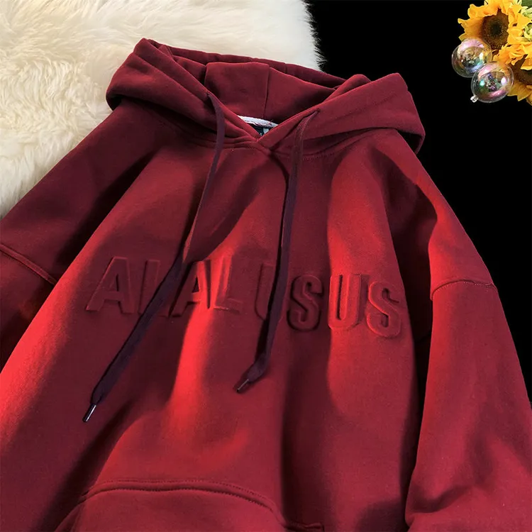 600g重磅卫衣硬挺美式男春秋季潮牌玫红色连帽百搭加厚情侣装外套