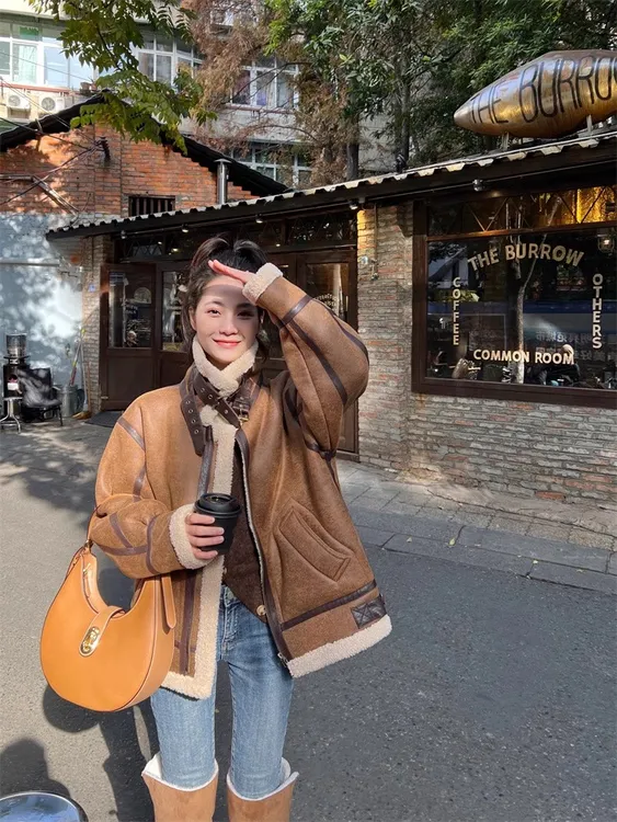 皮毛一体羊羔毛外套女秋冬季麂鹿皮绒羊羔绒机车服夹克高级感大衣