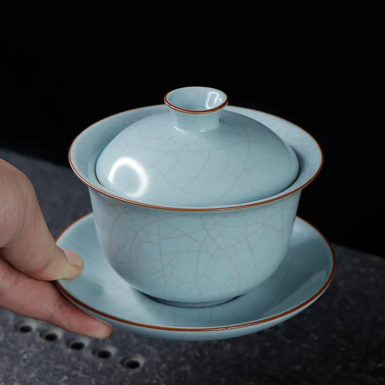 凝香阁开片天青汝窑元宝三才盖碗茶杯家用陶瓷功夫茶具泡茶敬茶碗