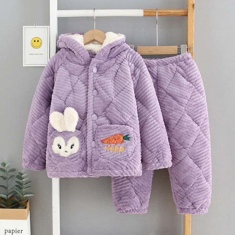 儿童三层加厚夹棉法兰绒睡衣冬连帽加绒加棉女童珊瑚绒家居服卡通