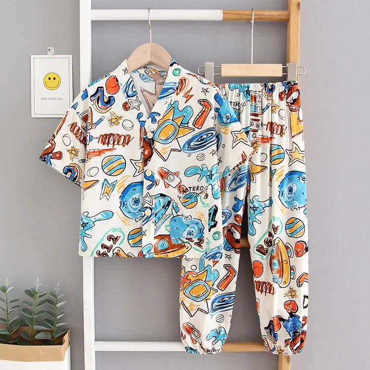 夏季棉绸儿童睡衣女童男童防蚊裤薄款灯笼裤孩宝宝绵绸套装家居服