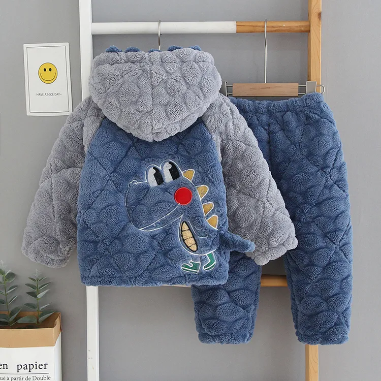 儿童睡衣男童冬季加厚款珊瑚绒保暖恐龙连帽法兰绒童装家居服套装