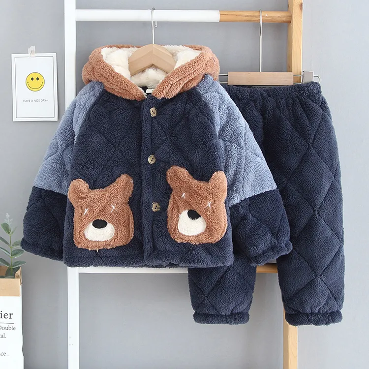 儿童睡衣男童冬季加厚款珊瑚绒保暖夹棉连帽法兰绒童装家居服套装