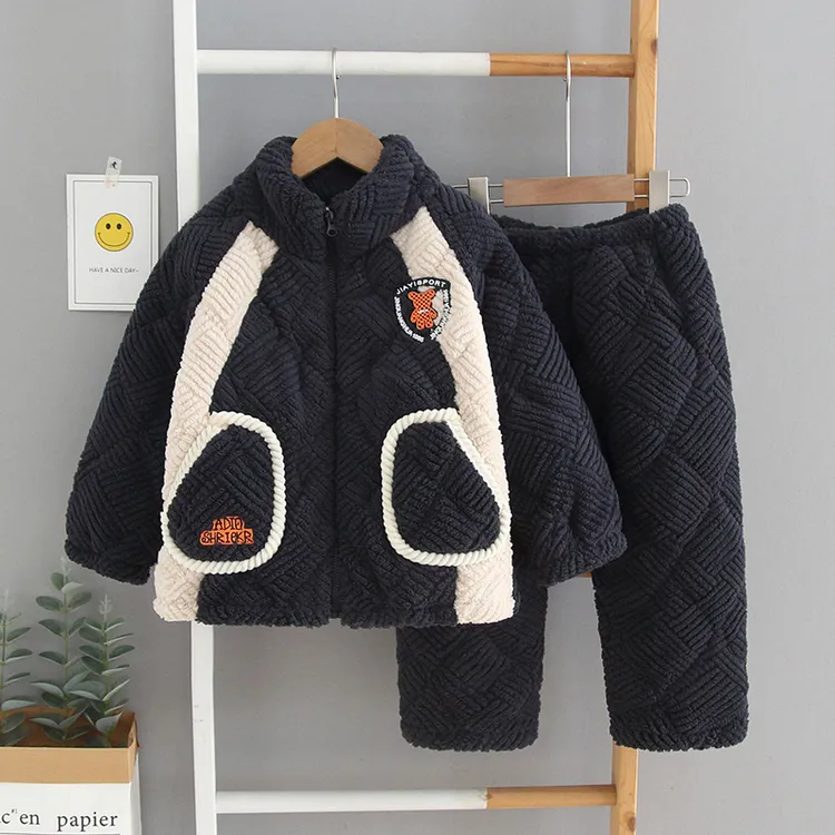 儿童睡衣男童拼色加厚款珊瑚绒夹棉女童拉链法兰绒潮童家居服冬季