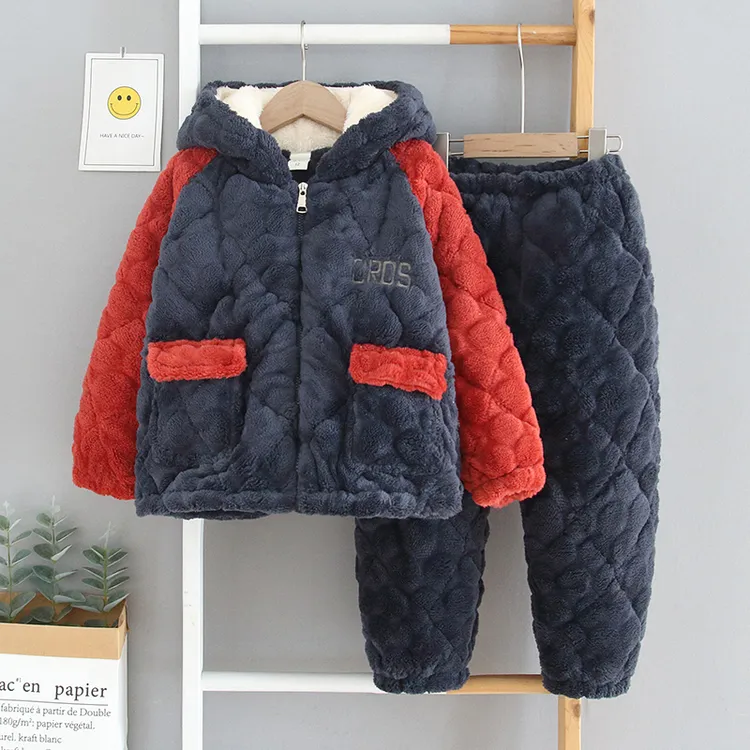 儿童睡衣男童冬季加厚款珊瑚绒保暖拉链拼接连帽法兰绒家居服套装