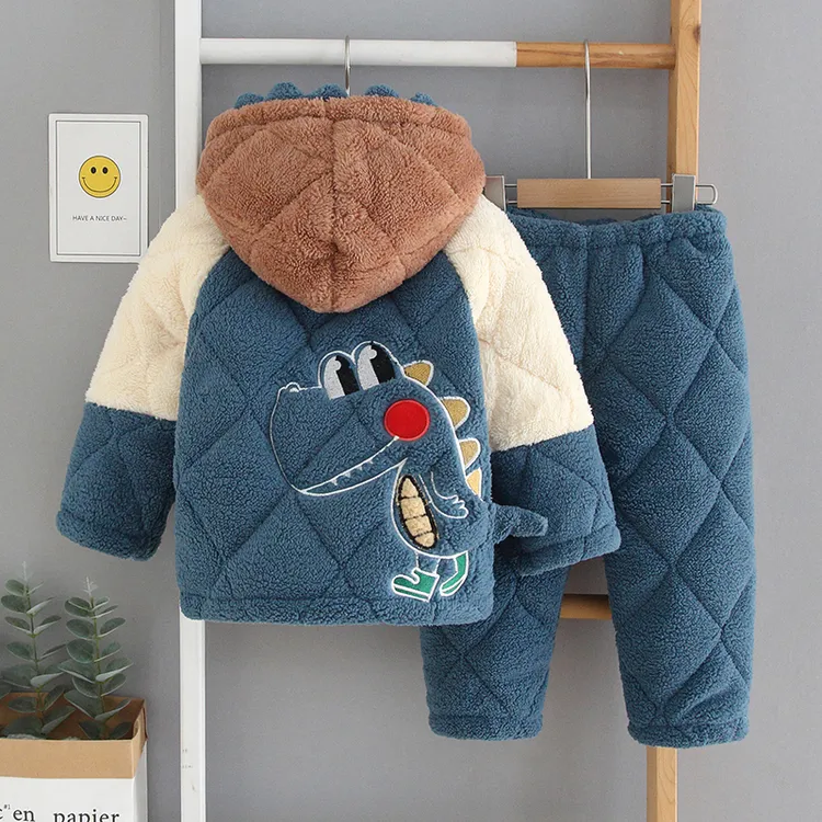 儿童睡衣男童三层夹棉加厚款珊瑚绒恐龙连帽法兰绒童装家居服套装