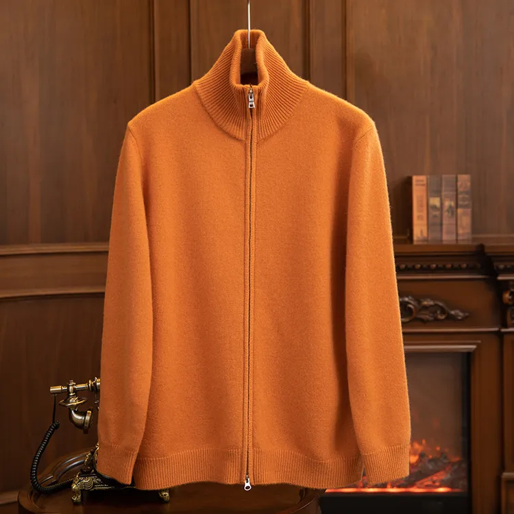 【ZHENCAN】100%纯山羊绒男士加厚高领可翻领净面双拉链男外套开衫