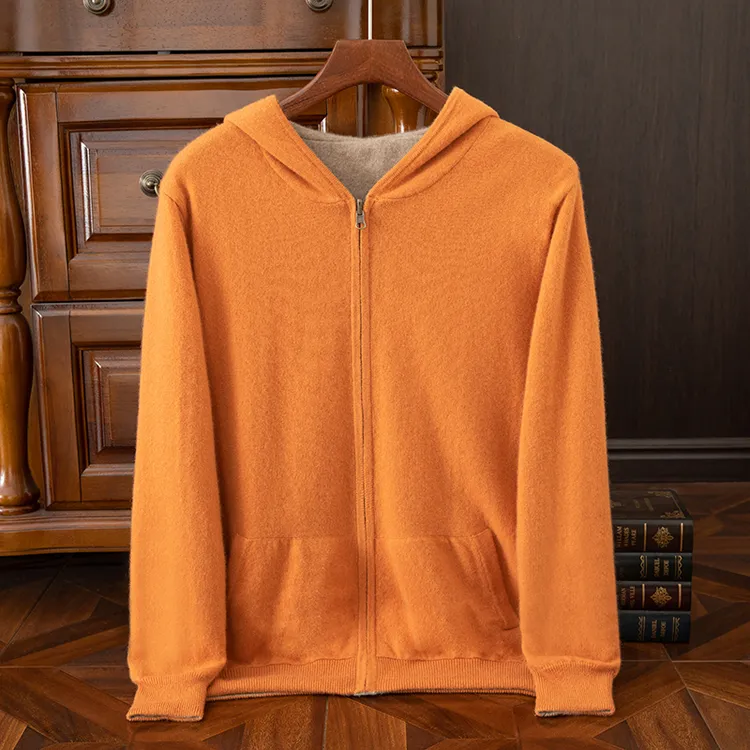 【ZHENCAN】新款羊绒外套100%纯羊绒双面加厚拉链开衫外套连帽帽衫