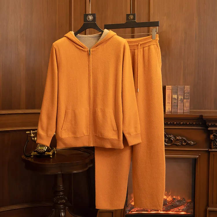 【ZHENCAN】100%纯山羊绒男休闲双面连帽卫衣休闲裤加厚山羊绒套装