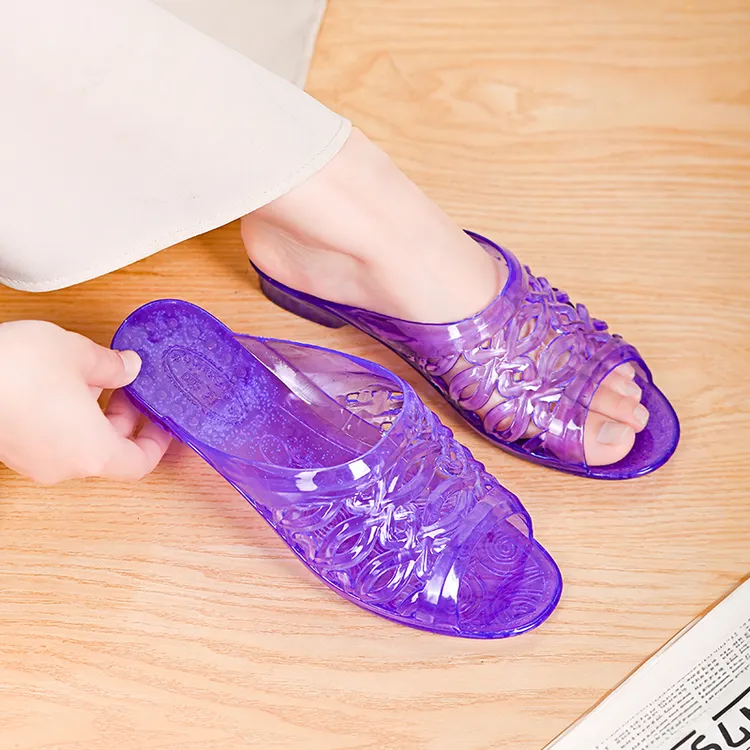 防滑不伤脚公主水晶透明中跟拖鞋女防滑中老年坡跟妈妈凉拖鞋女