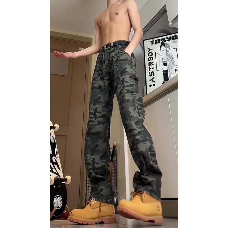 美式复古迷彩牛仔裤男秋季直筒休闲男生显高显瘦窄版工装伐木长裤