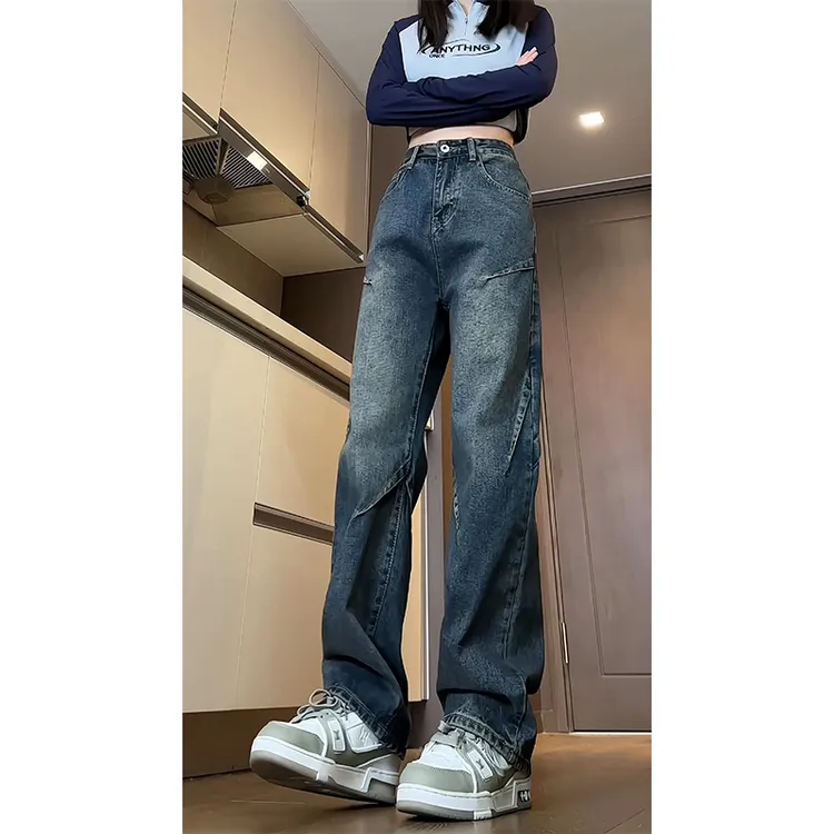 爵士舞裤子褶皱水洗牛仔裤男款秋冬季美式hiphop潮牌直筒宽松微喇