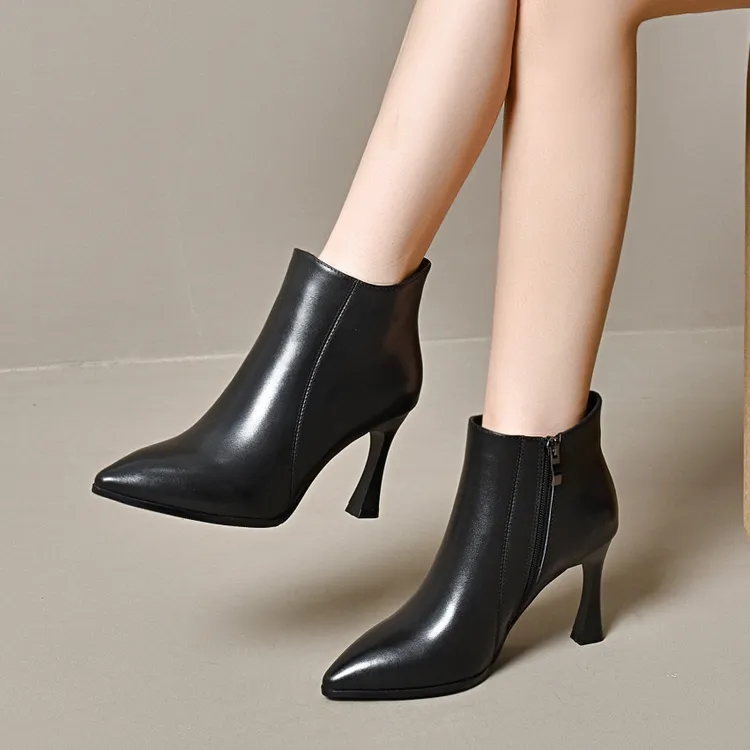 细跟高跟鞋女软皮短靴秋冬2025尖头时尚加绒皮鞋软底气质百搭单靴