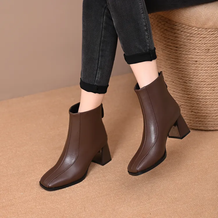 法式复古舒适后拉链高跟短靴女2025新款秋冬单靴粗跟方头瘦瘦靴子