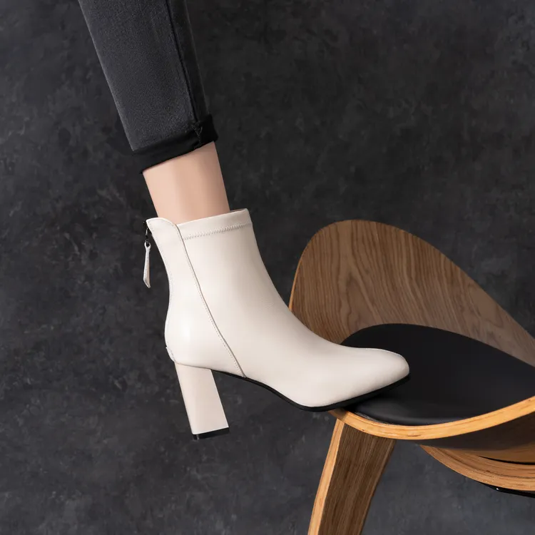 舒适舒适百搭短靴女鞋粗跟加绒方头秋冬时尚冬靴法式裸靴瘦瘦靴子