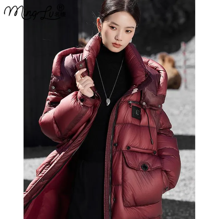 设计师红色大白鹅绒羽绒服女中长款过膝加厚保暖2025冬季新款修身