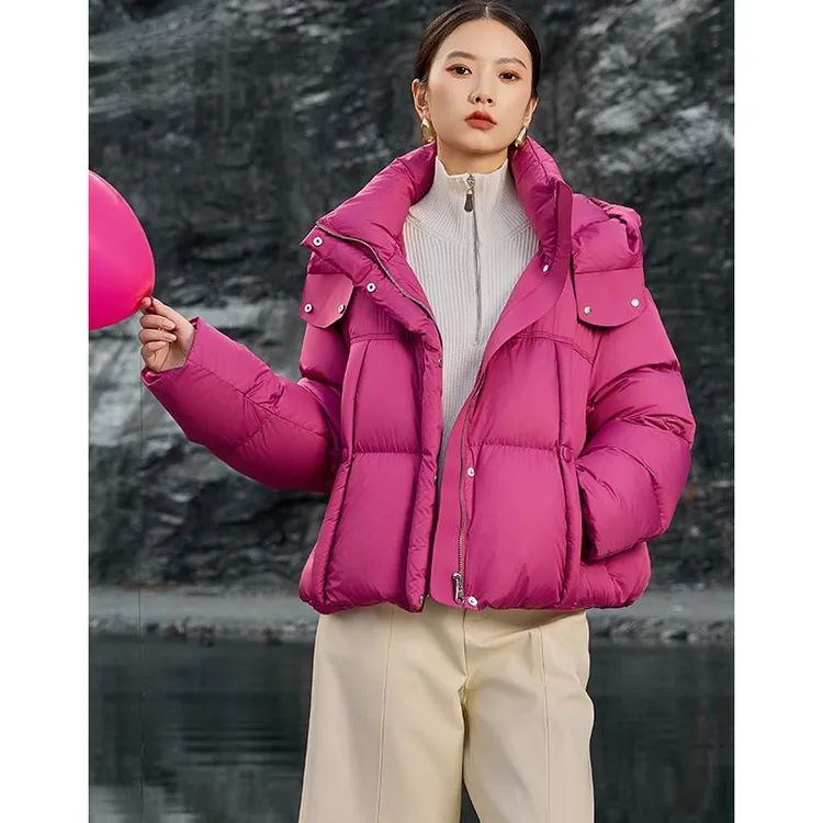 白鹅绒玫红羽绒服女2025年冬季新款短款加厚百搭时尚外套女款