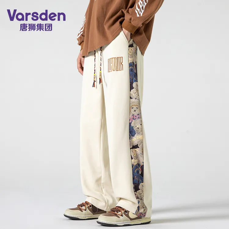 唐狮集团Varsden港风国潮小熊刺绣休闲裤男春季条纹卫裤直筒长裤