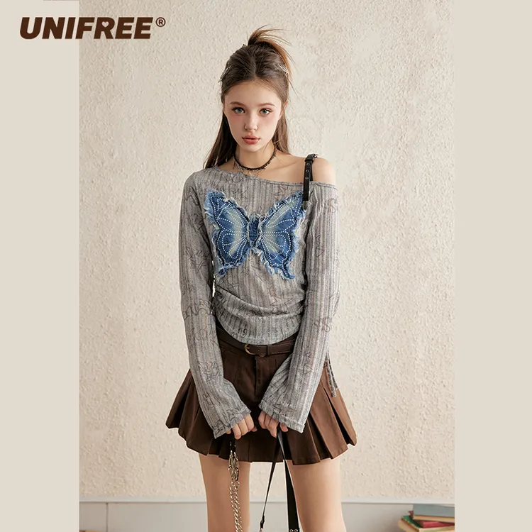 【云c专属】UNIFREE露肩长袖T恤女新款独特别致