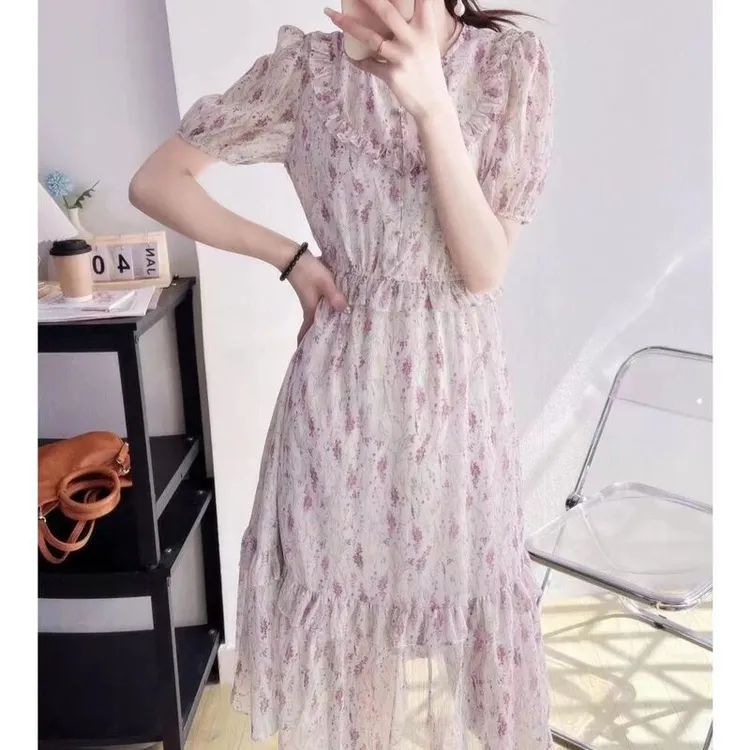 L8037-1碎花时尚收腰甜美中长款连衣裙
