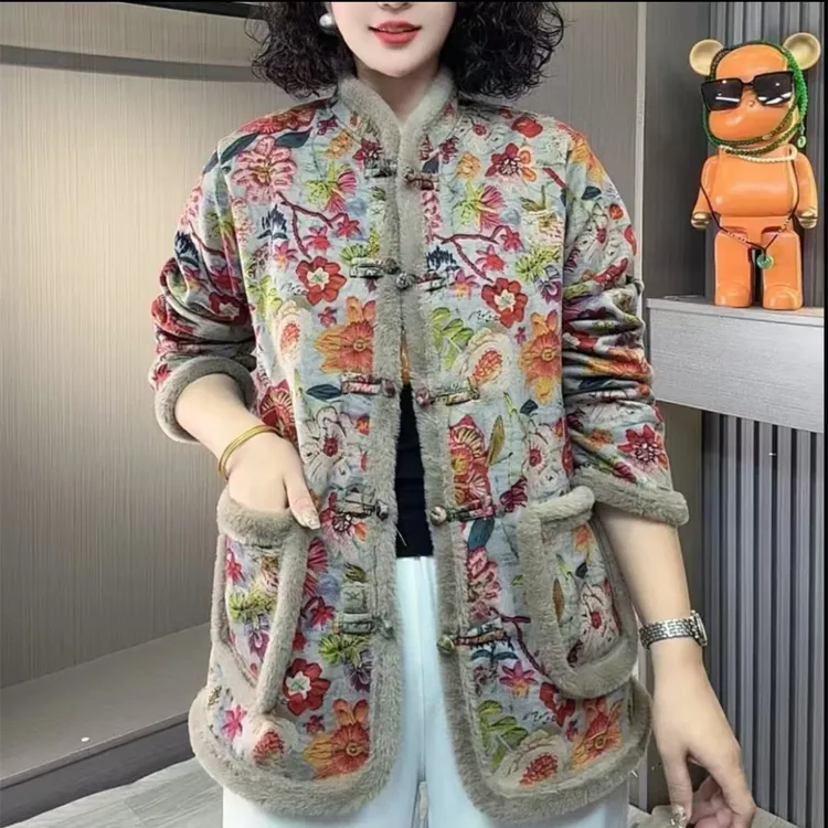 时尚保暖加绒立领盘扣外套中年妈妈大码棉服百搭冬季棉袄