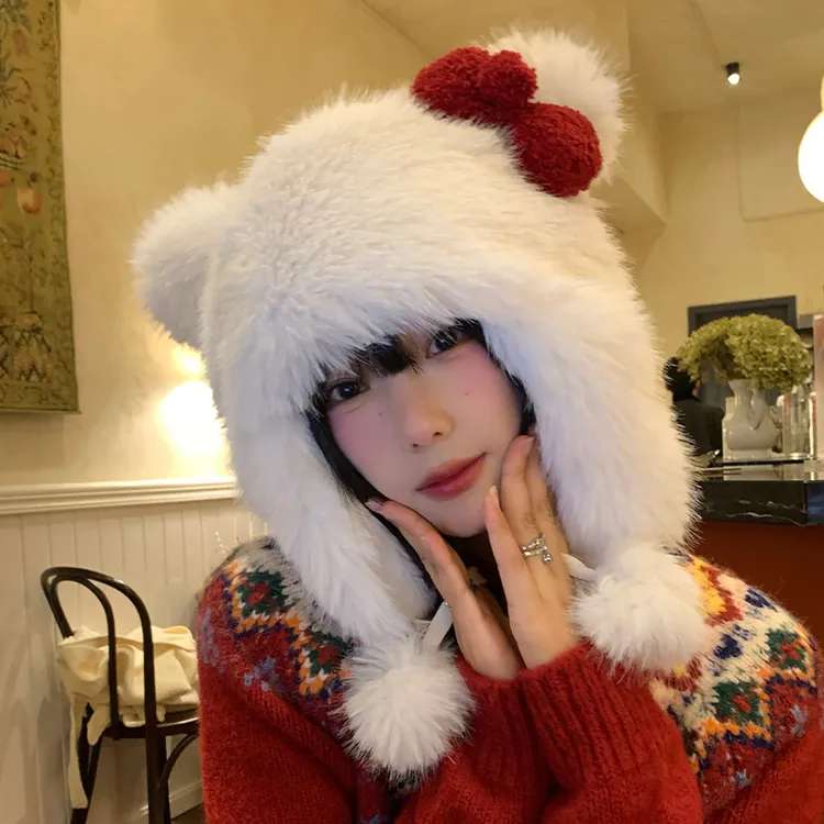 可爱蝴蝶结毛绒帽女冬季毛茸茸KT护耳雷锋帽保暖加厚防寒白色网红