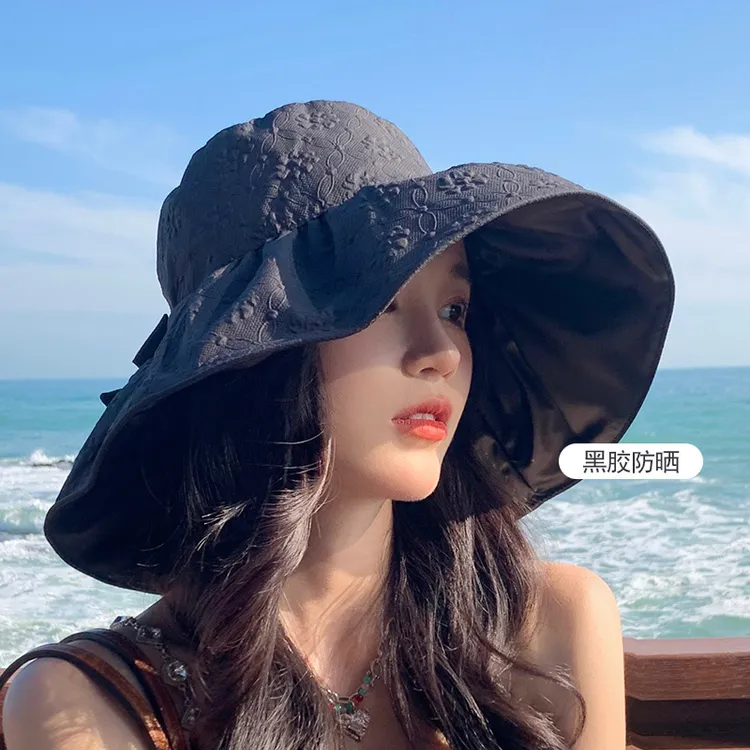 黑胶大檐帽渔夫帽子女春夏户外出游挡脸防晒防紫外线太阳帽可折叠