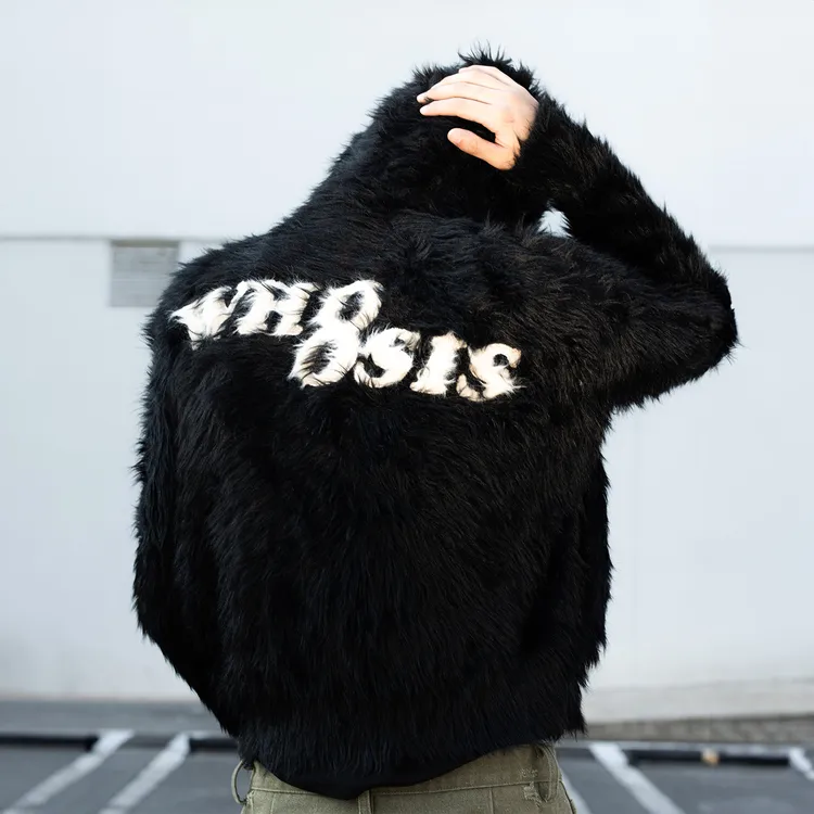 WHOOSIS（不知其名）马海毛提花连帽外套冬男女时尚韩版毛绒潮流