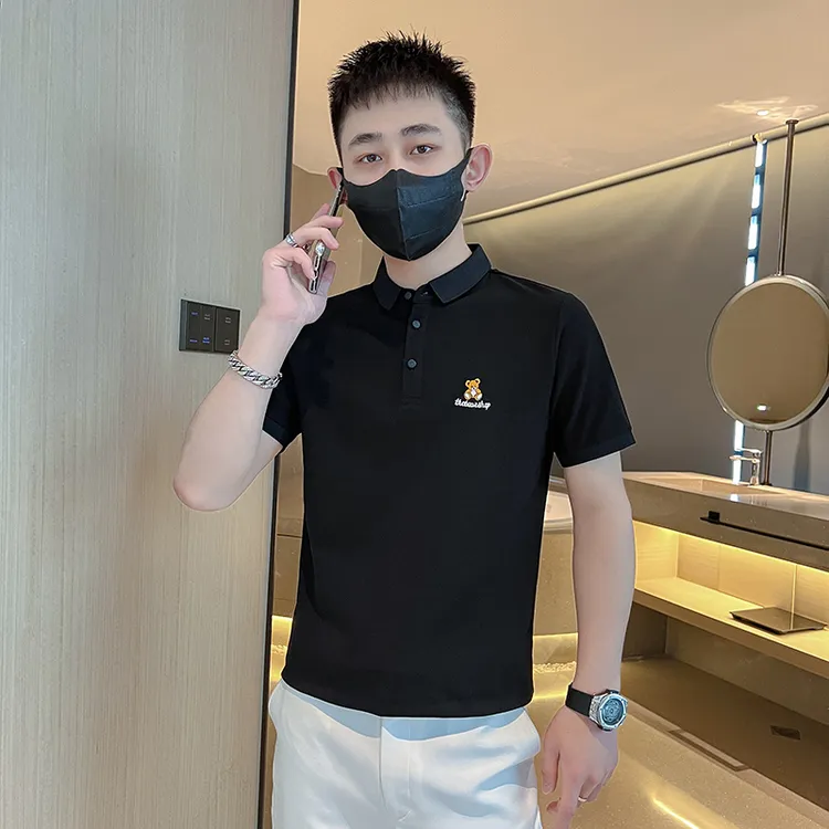 高端简约小熊刺绣翻领polo衫男短袖潮流夏季珠地带领t恤男士透气