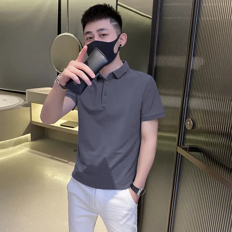 2025夏季简约纯色Polo衫短袖t恤男士休闲螺纹翻领痞帅上衣免烫男