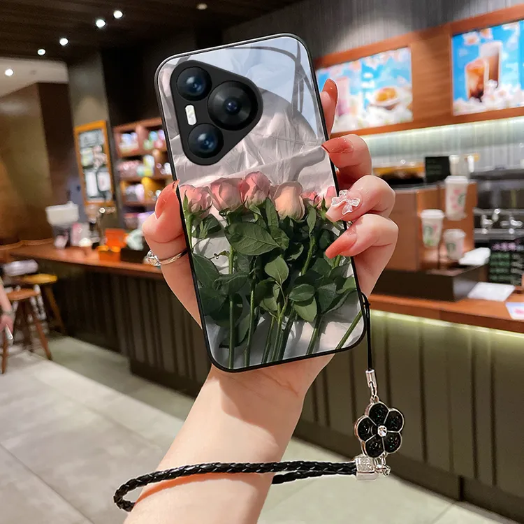 粉红花朵适用华为Pura70手机壳新款Pura70pro+女挂绳玻璃壳Pura7