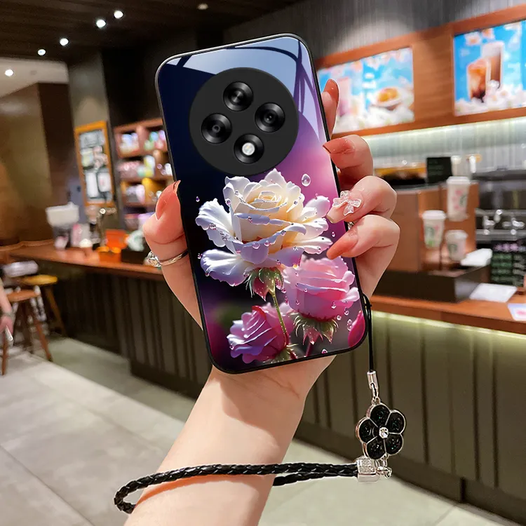 绽放玫瑰适用OPPOA3 5G版手机壳oppoa3 5G玻璃壳女挂绳超薄硅胶全