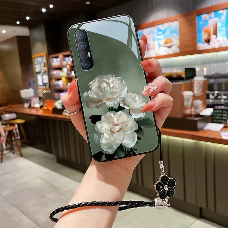 洁白花朵opporeno3pro手机壳Reno3女款高级挂绳全包防摔网红玻璃3