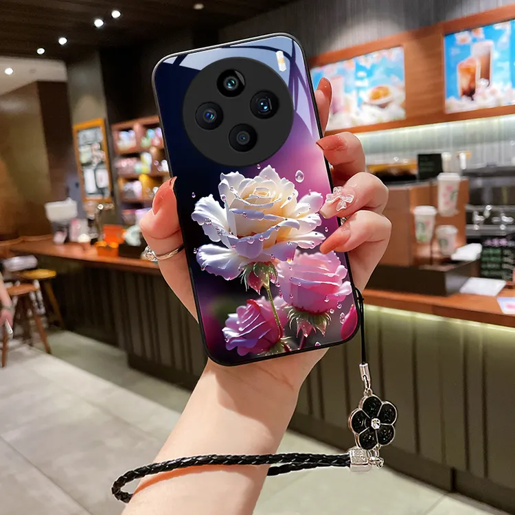 绽放玫瑰适用VIVOX100S手机壳X100Spro玻璃壳x100Ultra女挂绳超薄