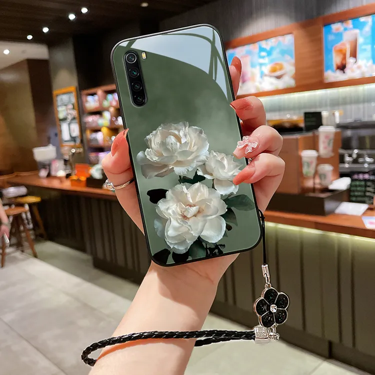 洁白花朵小米红米note8pro手机壳note8女款挂绳note7玻璃网红防摔