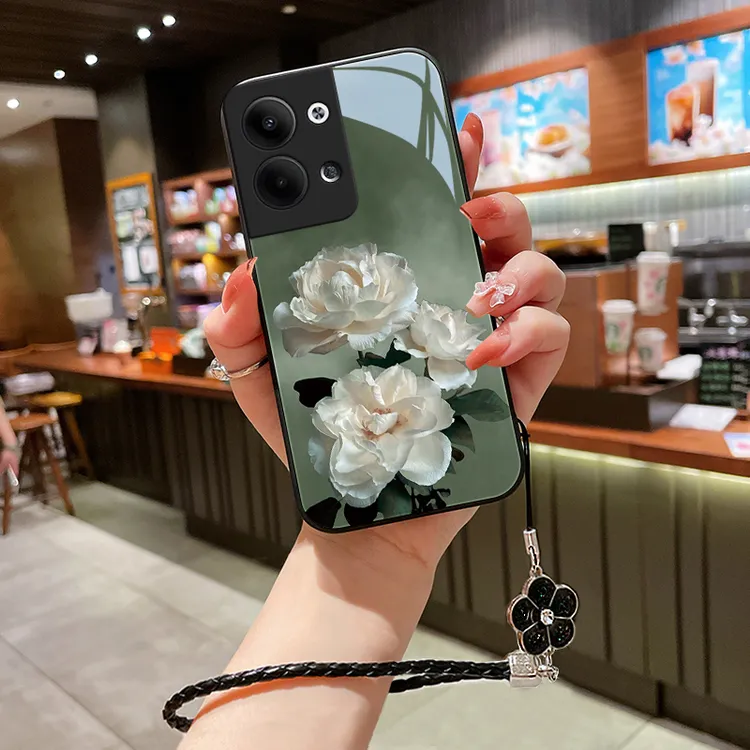 洁白花朵opporeno9手机壳Reno9pro玻璃高级全包防摔挂绳网红女款9