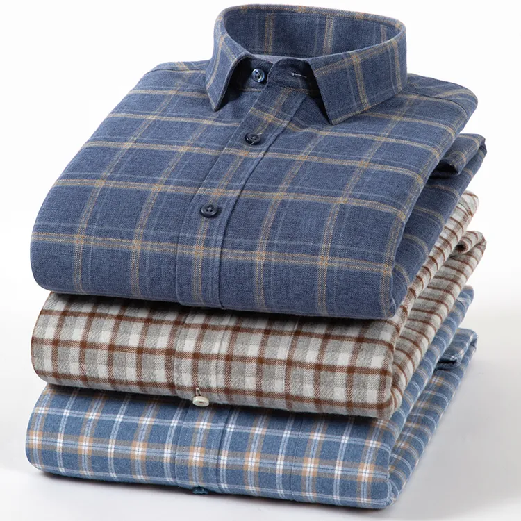 秋冬男100%纯棉保暖衬衫加绒加厚中青年全棉磨毛格子休闲衬衣大码
