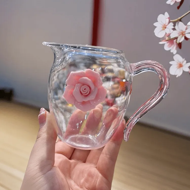 陶瓷捏花粉色柄玻璃公道杯加厚耐热匀茶杯小清新家用分茶器奶杯