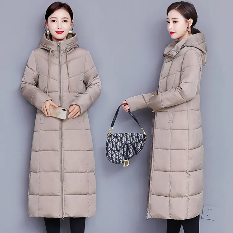 长款过膝棉衣女2025冬季新款韩版大码时尚连帽棉服纯色显瘦外套女