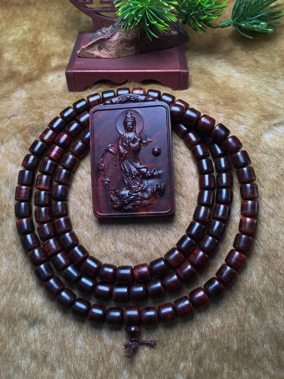 海南黄花梨紫油梨观音牌子加0.6桶珠链子，男戴观音女戴佛收藏送礼