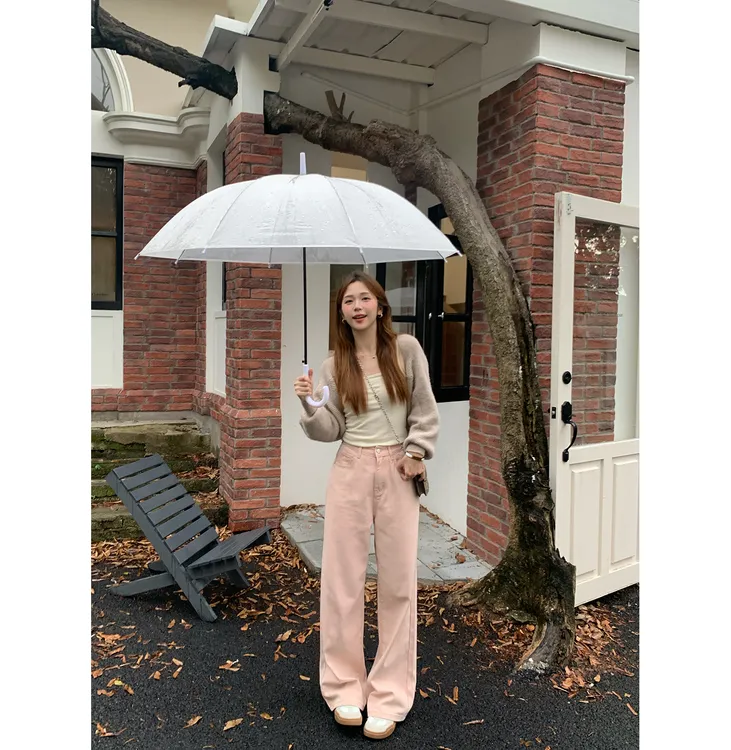 【现货】陳文文【乌梅子酱】秋季百搭显瘦高腰阔腿粉牛仔裤女2N6415