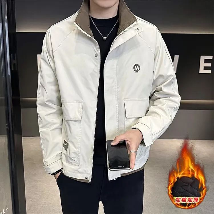 立领男士夹克秋冬简约休闲百搭拼接撞色外套韩版宽松潮流加棉加厚