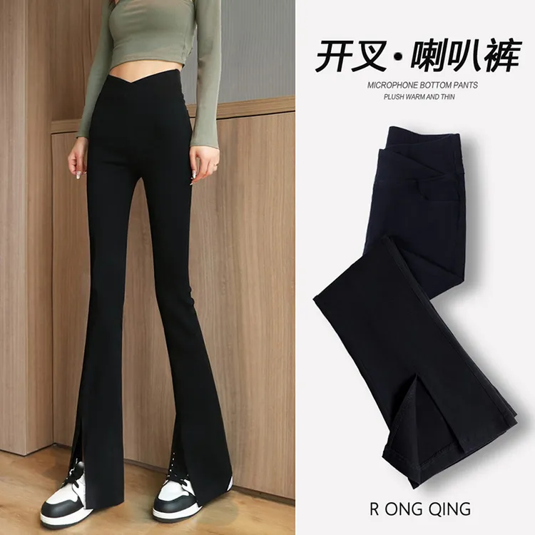 喇叭裤女秋冬加绒加厚高腰显瘦打底裤子小个子气质小黑裤微喇裤女