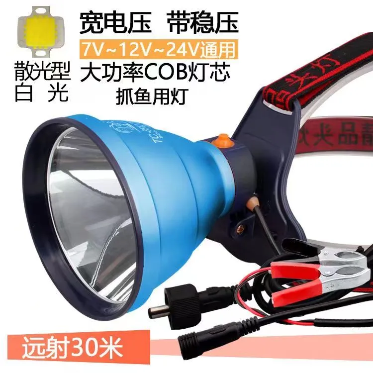 12V通用夹电瓶户外头灯大光斑打鱼打黄鳝专用大功率黄光散光白光