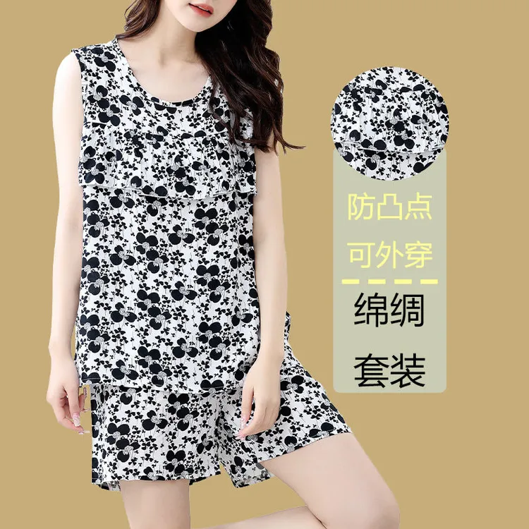 夏季无袖短裤防凸点棉绸家居服套装遮胸遮肉薄款人造棉家居服睡衣