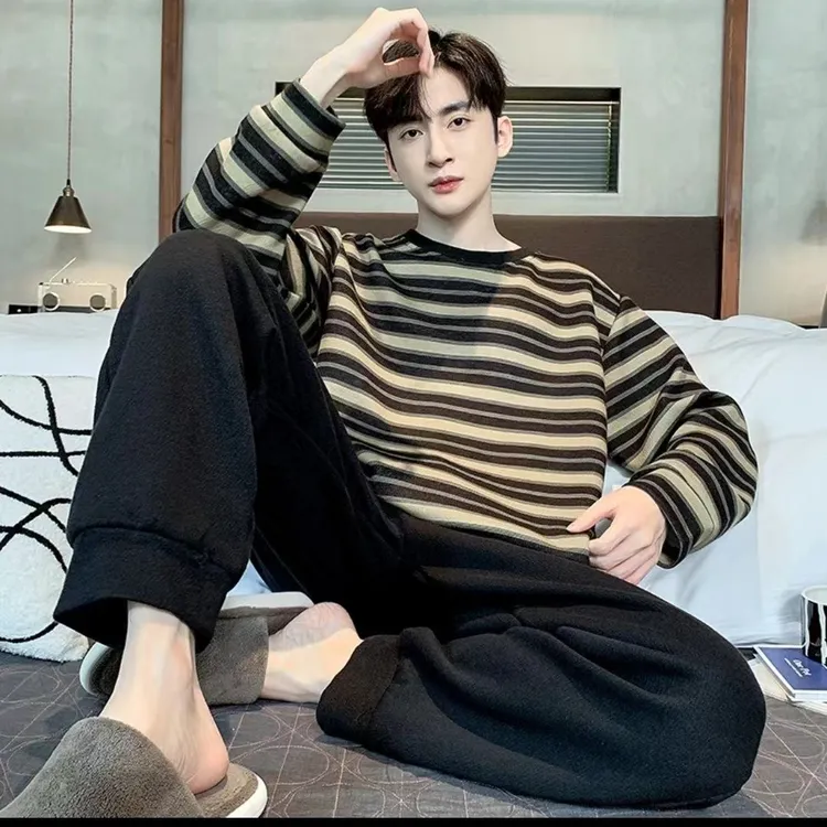 【长袖套装】2024年春秋夏季新款圆领韩版简约宽松大码男家居服睡衣