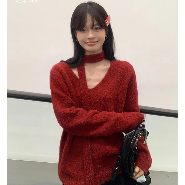 番茄妹妹Tomatosister宽松v领毛衣针织衫外套高级慵懒风长袖上衣